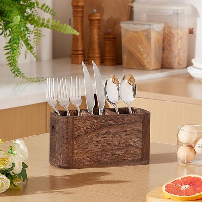 VIVIRBIEN Wooden Silverware Holder for Countertop, Kitchen Utensil Caddy with 3 Compartments, Cutlery Storage Organizer Countertop, Flatware Organizer for Party, Spoon, Fork Holder