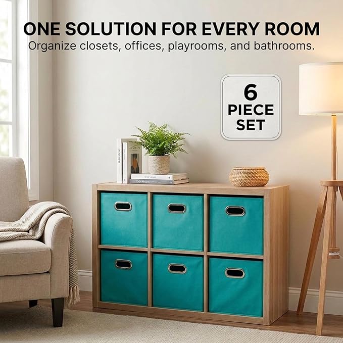 Household Essentials Fabric Storage Cubes 6 Pack – 11x11x11 Foldable Non-Woven Bins with Chipboard Sides & Grommet Handles – Stackable Cube Organizer for Closet, Nursery, Shelf, or Office – Aqua
