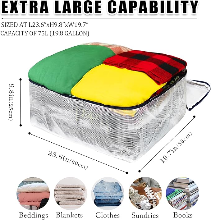 Ineetatu Clear Storage Bags with Zipper, 75L Extra Large Capacity - Closet, Underbed Storage Organizer for Clothes, Bedding, Comforter, Toys, Pillow & Blanket, 3 Pack