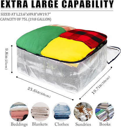 Ineetatu Clear Storage Bags with Zipper, 75L Extra Large Capacity - Closet, Underbed Storage Organizer for Clothes, Bedding, Comforter, Toys, Pillow & Blanket, 3 Pack
