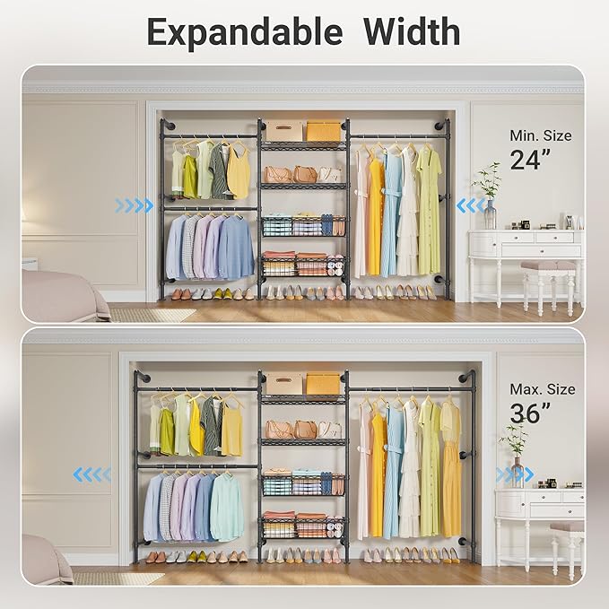 Timate X3 Expandable Heavy Duty Clothes Rack Wall Mounted Clothing Rack for Hanging Clothes, Industrial Pipe Closet System for Walk in Closet Kit Wall Mount Clothes Rack with Basket, Black Wall Closet