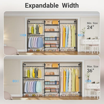Timate X3 Expandable Heavy Duty Clothes Rack Wall Mounted Clothing Rack for Hanging Clothes, Industrial Pipe Closet System for Walk in Closet Kit Wall Mount Clothes Rack with Basket, Black Wall Closet