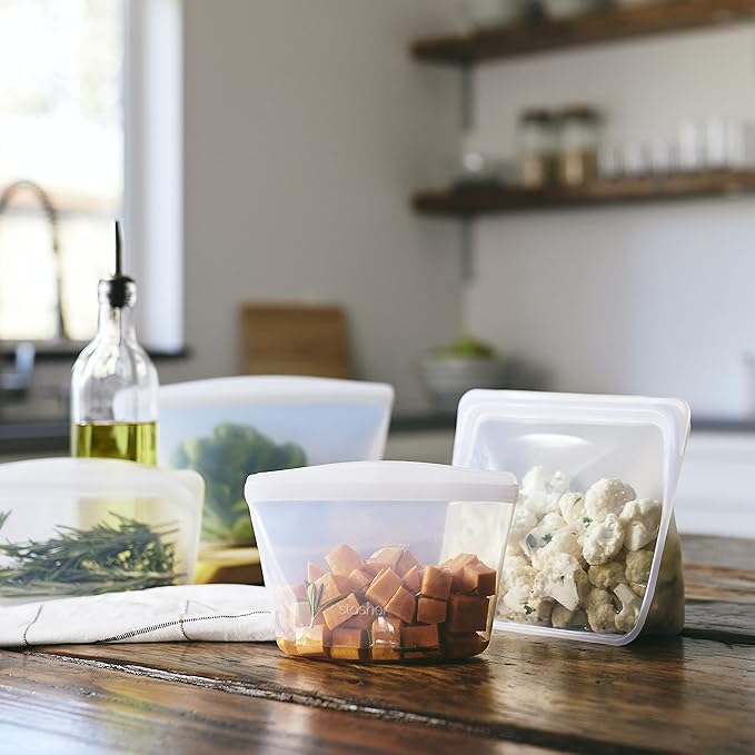 Stasher Silicone Reusable Storage Bags, 4-Pack Starter Kit, Reusable Freezer Bags, Microwave, Dishwasher, Oven Safe, Sous Vide, Premium Lunch Containers, Eco Friendly, Food Storage Bags, Clear | Reusable Food Bags