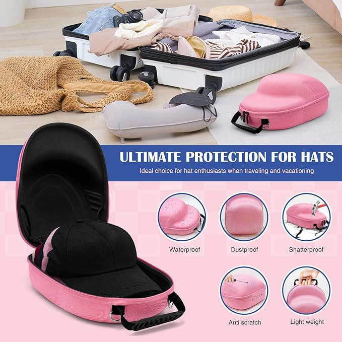 Hat Travel Case for Baseball Caps, Storage with Carrying Handle and Adjustable Shoulder Strap,Hat Organizer Protects up to 6 Hats,Hat Box for Travel and Home Storage(Pink)
