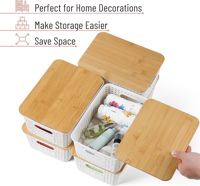 BAMBOO LAND- Plastic Storage Baskets with Bamboo Lid, 6 pcs, Cream White Small Pantry Storage Baskets with Lids