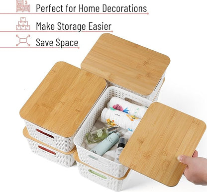 BAMBOO LAND- Plastic Storage Baskets with Bamboo Lid, 6 pcs, Cream White Small Pantry Storage Baskets with Lids