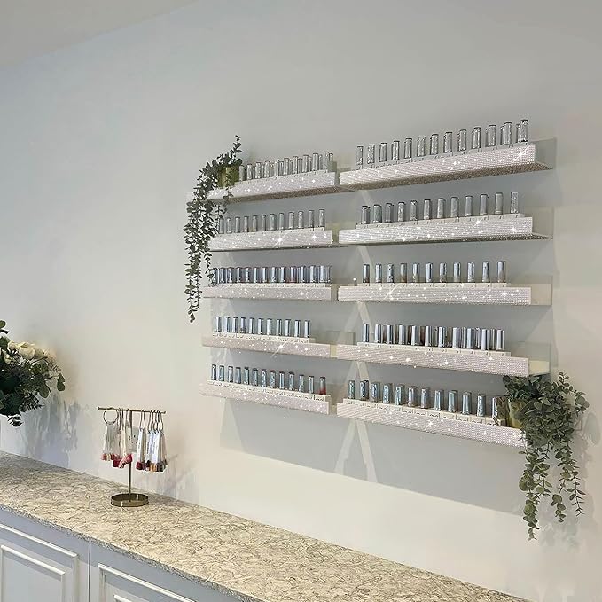 4 Pack 15 Inch Nail Polish Wall Rack，Diamond Crystal Rhinestone Acrylic Nail Polish Organizer，Sunglasses Essential Oil Picture Display Storage Wall Shelf
