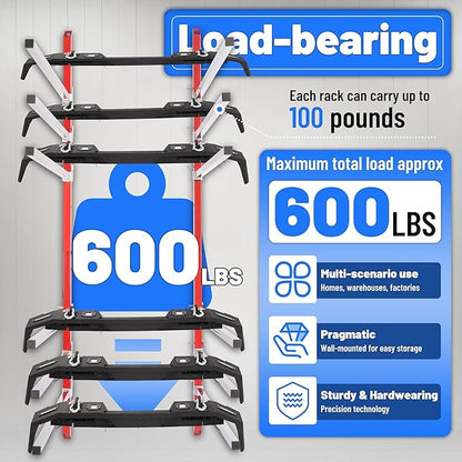 6 Place Wall Mount Bumper Rack Stand, Auto Body Bumper Storage Rack, Load 200LBS/Pair Arms, Adjustable Arms for More Scenarios, Such as Body Repair Parts Storage, Wood Lumber Storage - Red