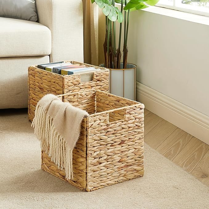 Vagusicc Wicker Storage Basket, Set of 2 Water Hyacinth Storage Baskets for Organizing, 11x11x11 Storage Cube Bins, Wicker Storage Cubes, Natural Foldable Square Baskets for Shelf Laundry Organizer