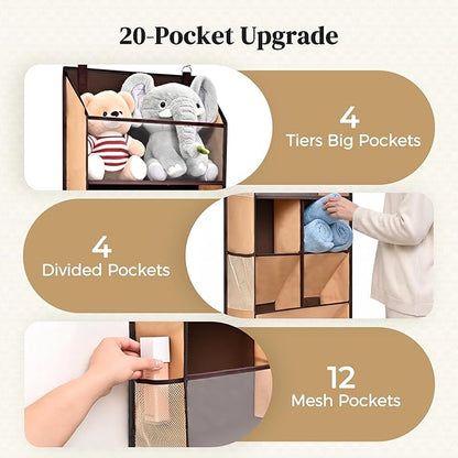 6-in-1 Over Door Hanging Organizer, Versatile Storage Over Door Organizer with 12 Mesh Pockets, 44 lbs Weight Capacity Hanging Storage Organizer for Bedroom, Bathroom,Behind Door,Brown