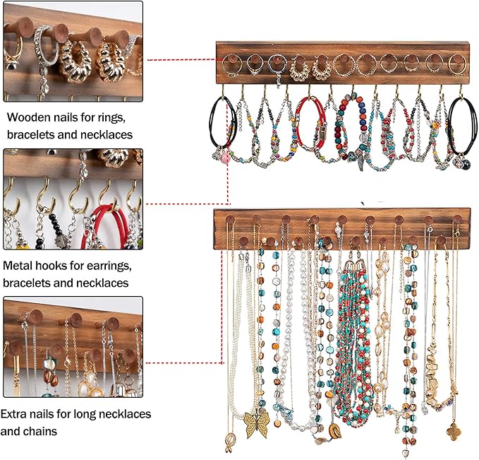 3Pcs Jewelry Organizers and Storage,Wood Earring Organizer,Hanging Jewelry Organizer,Rustic Wall Jewellery Organizer,Wall Mounted Earring Holder for Storage Display Gift (Brown+Black)