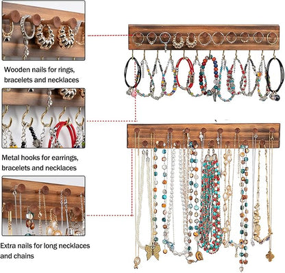 3Pcs Jewelry Organizers and Storage,Wood Earring Organizer,Hanging Jewelry Organizer,Rustic Wall Jewellery Organizer,Wall Mounted Earring Holder for Storage Display Gift (Brown+Black)