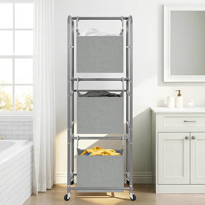 150L 3-Tier Vertical Laundry Hamper Sorter with Water-Resistant Removable Bag, Rolling Laundry Cart with Wheels & Brakes for Apartment, Dorm, Bathroom, Laundry Room, Grey