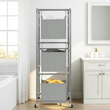150L 3-Tier Vertical Laundry Hamper Sorter with Water-Resistant Removable Bag, Rolling Laundry Cart with Wheels & Brakes for Apartment, Dorm, Bathroom, Laundry Room, Grey