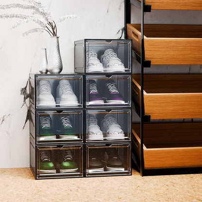 YIIHAA 12 Pack X Large Shoe Storage Box, hicken Sturdy Hard Plastic Clear Stackable Sneaker Shoe Rack for Size 12, Easy Assembly Storage Organizer, Holder Sneaker Container (Transparent Gray, 6)