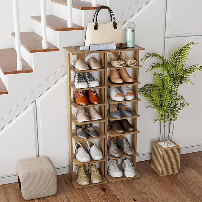 Giantex 8-Tier Vertical Shoe Rack, Patented Corner Shoe Storage Organizer for 8 Pairs, Freestanding Narrow Shoe Rack, Morden Space-Saving Shoe Tower for Entryway, Living Room, Bedroom, Natural