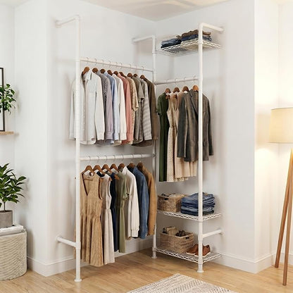 Wall Mounted Closet System – Adjustable Clothing Rack with 2 Expandable Rods & 3 Shelves, Heavy Duty Industrial Pipe Clothes Rack for Closet Organizer and Storage, White