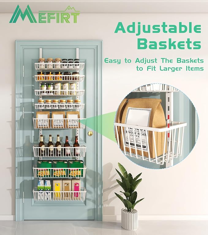 Mefirt Over The Door Pantry Organizer, Pantry Organization and Storage, 8-Tier Deep Baskets Hanging Heavy-Duty Metal, Wall Spice Rack Seasoning Shelves for Home & Kitchen, Laundry Room Bathroom, White