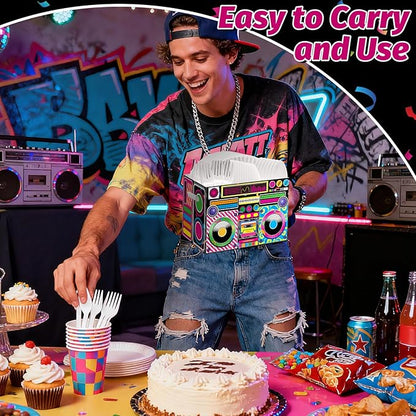 2PCS Boom Box Utensil Holder Retro Radio Utensil Caddy for 80s 90s Party Decorations Paper Cutlery Holder with Handles for Hip Hop Birthday Party Supplies Disposable 1980s 1990s Disco Cutlery Caddy
