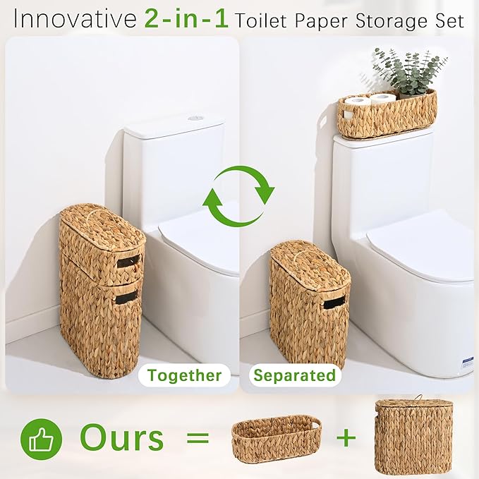 Livole 2-in-1 Toilet Paper Basket with Lid Water Hyacinth Toilet Paper Storage - 16 Regular Rolls or 12 Mega Rolls Large Natural Toilet Paper Organizer for Bathroom