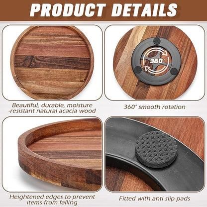 Nitial 12'' Acacia Wood Lazy Susan Organizer Wooden Rotating Turntable Organizer Kitchen Organizer Turntable for Dining Table Countertop Kitchen Cabinet Pantry Storage