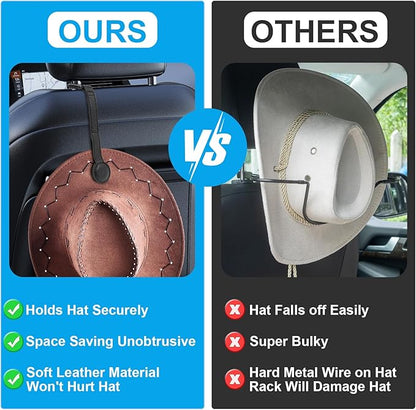 2 pcs Cowboy Hat Holder for Truck- Car Hats Organizer Accessories- Magnetic Clip Leather Hat Rack for Car- Headrest Hat Hanger Vehicle for Travel on Bag & Rack