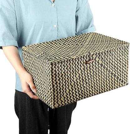Hipiwe Wicker Shelf Baskets Bin with Lid, Handwoven Seagrass Basket Storage Bins Rectangular Household Basket Boxes for Shelf Wardrobe Home Organizer, Black,X-Large