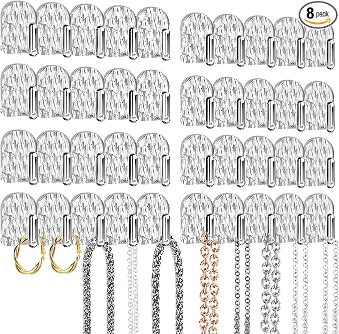 Gesodant 8 Pack Hanging Jewelry Organizer, Self-adhesive Jewelry Hooks, Clear Wall Mounted Jewelry Hanger, Necklace Display Holder, 40 Hooks in Total