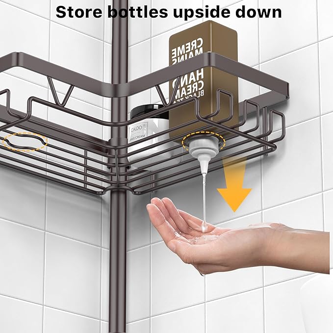 KEGII 4-Tier Corner Shower Caddy Tension Pole - Waterproof Shower Rod Organizer, Floor to Ceiling Tension Rod 25-114.2 inch, Stainless Steel Corner Shower Shelf, Bronze