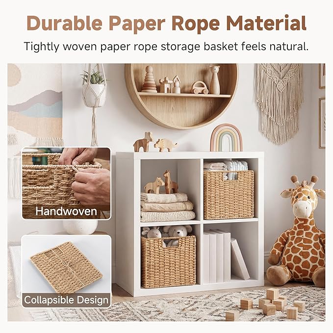 StorageWorks 11 inch Wicker Baskets, Handwoven Storage Cubes with Handles, Foldable Paper Rope Basket for Organizing, Natural, 2 Pack