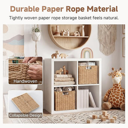 StorageWorks 11 inch Wicker Baskets, Handwoven Storage Cubes with Handles, Foldable Paper Rope Basket for Organizing, Natural, 2 Pack