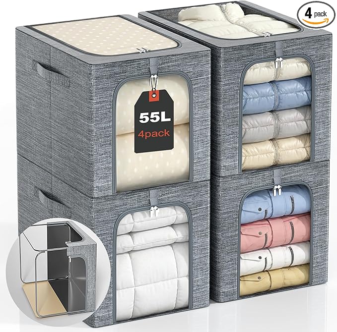 GoMaihe Clothes Storage Bins Metal Frame: 55L Extra Large Stackable Closet Storage Organizer with Lid & Clear Window, Heavy Duty Blanket Boxes for Winter Coats Comforters (Fits Deep Closet 4-Pack)