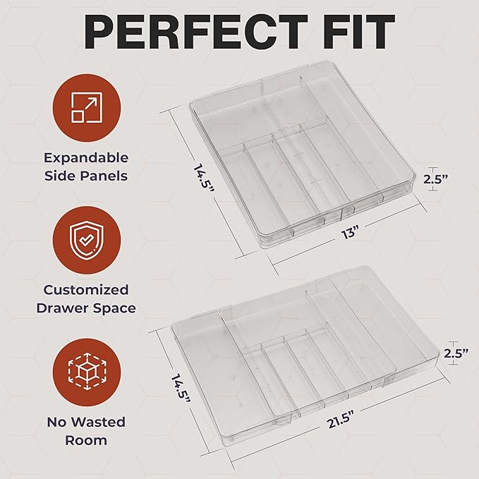 Masirs Expandable Utensil Drawer Organizer - BPA-Free Plastic Clear Silverware Tray with Multiple Compartments - Non-Slip Cutlery Storage for Kitchen, Bathroom, or Office Drawers (Clear)
