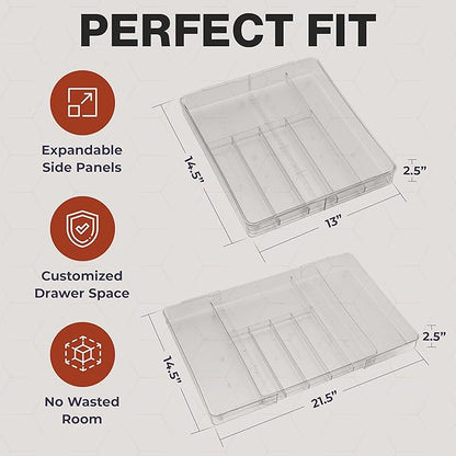 Masirs Expandable Utensil Drawer Organizer - BPA-Free Plastic Clear Silverware Tray with Multiple Compartments - Non-Slip Cutlery Storage for Kitchen, Bathroom, or Office Drawers (Clear)
