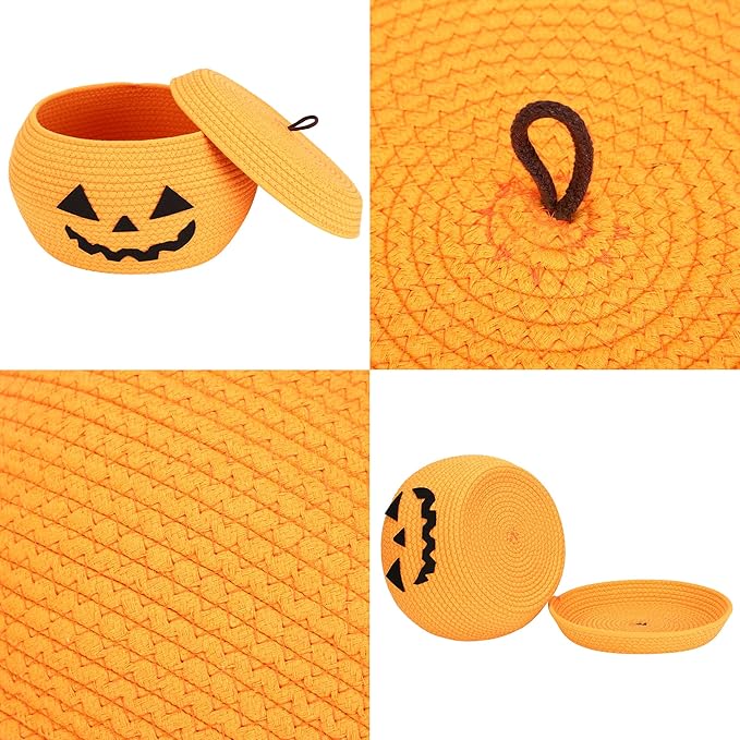 Sea Team Round Cotton Rope Storage Basket with Lid, Halloween Pumpkin Woven Storage Bin, Pot, Caddy, Organizer, Container for Snacks, Towels, Plants, 13 x 9 Inches (Large, Orange)