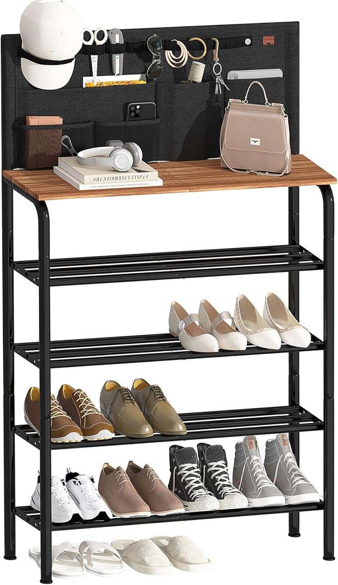 STORAGE MANIAC 5 Tier Shoe Rack for Entryway, Metal Shoe Shelf with Storage Pocket and MDF Top Board, 16-20 Pairs Free Standing Shoes Organizer for Closet, Black