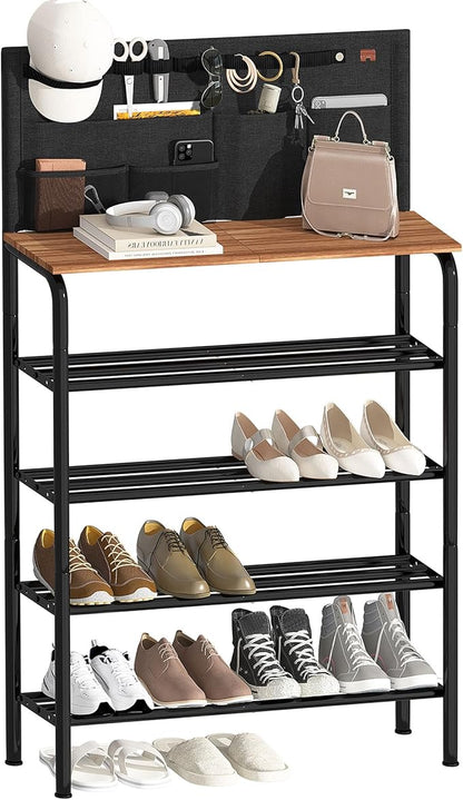 STORAGE MANIAC 5 Tier Shoe Rack for Entryway, Metal Shoe Shelf with Storage Pocket and MDF Top Board, 16-20 Pairs Free Standing Shoes Organizer for Closet, Black