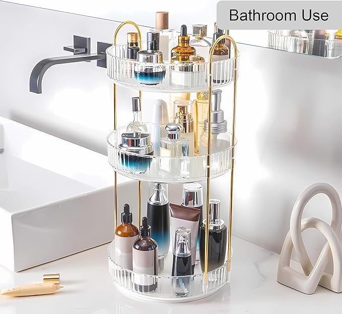 YCIA&DONE 360 Rotating Makeup Organizer and Storage for Vanity Countertop 3 Tiers, High Capacity Cosmetic Skincare Perfume Organizers for Dresser Bathroom Lazy Susan (Clear White)