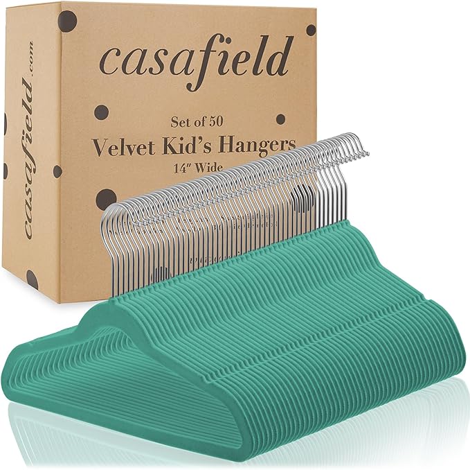Casafield 50 Velvet Kid's Hangers - 14" Size for Children's Clothes - Teal