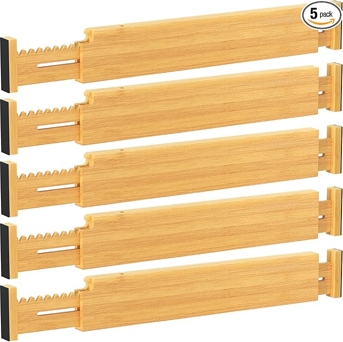 Lifewit 2.36" High 5 Pack Bamboo Drawer Dividers, 14.2-22" Expandable Kitchen Drawer Dividers, Adjustable Drawer Dividers for Clothes, Drawer Separators for Dresser, Kitchen, Bedroom, Bathroom
