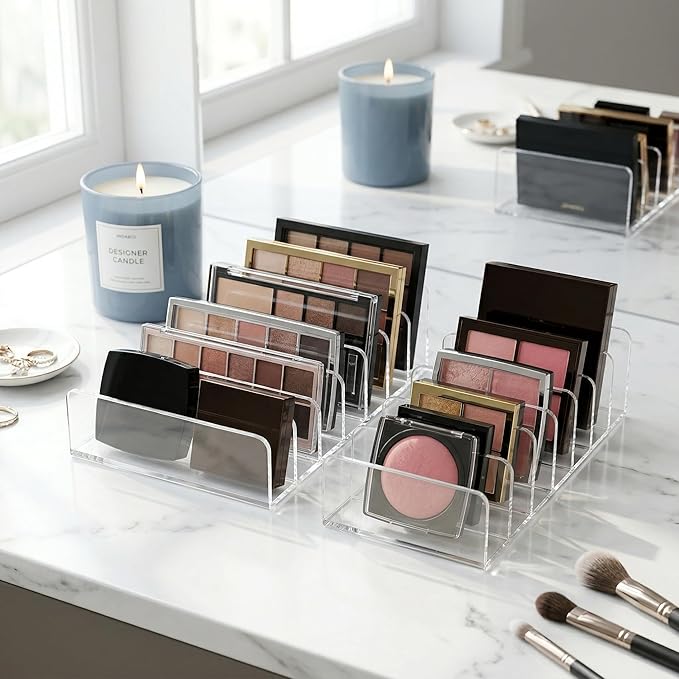 Makeup Palette Organizer, 2 Pack Clear Acrylic Eyeshadow Palette Organizer, 7-Slot Storage for Drawer, Vanity & Countertop, Dual Sizes for Palettes, Blush & Contour