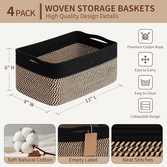 Goodpick 4 Pack Storage Baskets for Shelves, Rectangle Wicker Storage Bins for Baby Toys, Decorative Organizer Shelf Baskets for Gifts Empty, 13''L x 8''W x 6''H, Black & Jute