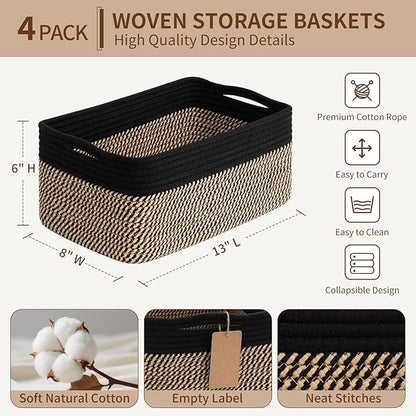 Goodpick 4 Pack Storage Baskets for Shelves, Rectangle Wicker Storage Bins for Baby Toys, Decorative Organizer Shelf Baskets for Gifts Empty, 13''L x 8''W x 6''H, Black & Jute
