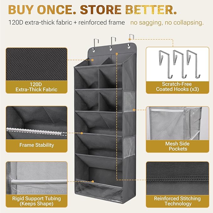 HOMELUX THEORY 6 Tiers Over The Door Shoe Organizer - 100D Extra Thick Deep Pockets Shoe Rack for Closet, 4 Side Pockets Shoe Rack for Entryway & Hanging Shoe Organizer for Closet (V1, Dark Gray)