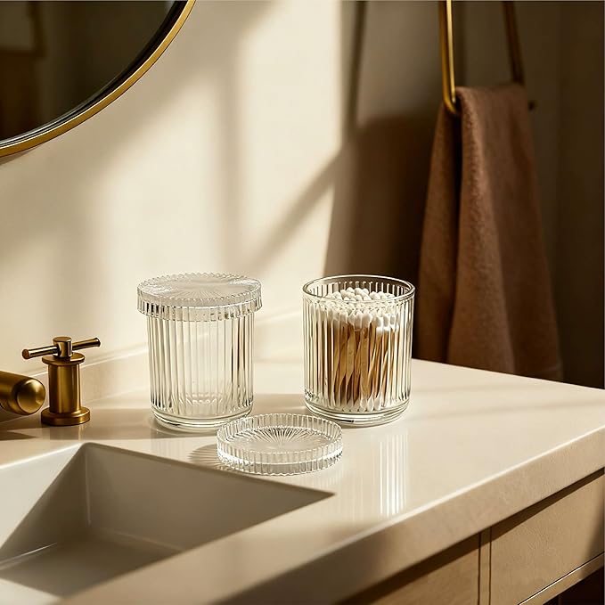 2Pack Vintage Lead-Free Glass Qtip Holder with Dust-Proof Lid, 3.5inch Diameter Storage Canister (Clear)