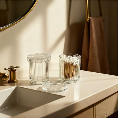2Pack Vintage Lead-Free Glass Qtip Holder with Dust-Proof Lid, 3.5inch Diameter Storage Canister (Clear)
