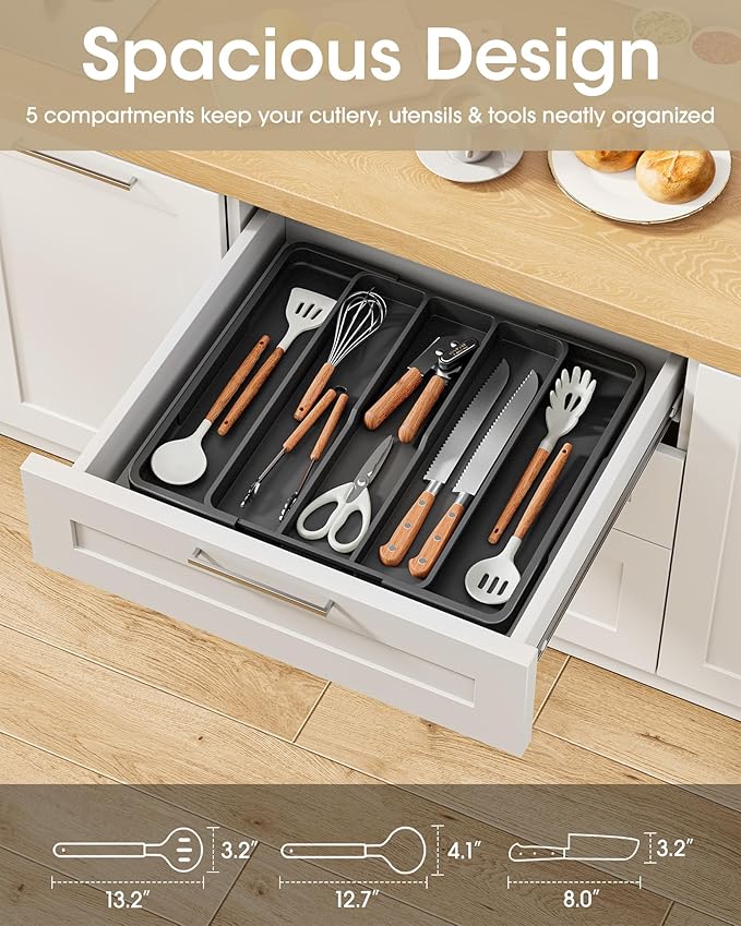 Aujen Silverware Organizer - Expandable Kitchen Drawer Organizer, Adjustable Utensil Organizer, Cutlery Tray for Forks, Knives, Multipurpose Kitchen Organizers and Storage Solution, Black, X-Large
