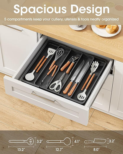 Aujen Silverware Organizer - Expandable Kitchen Drawer Organizer, Adjustable Utensil Organizer, Cutlery Tray for Forks, Knives, Multipurpose Kitchen Organizers and Storage Solution, Black, X-Large