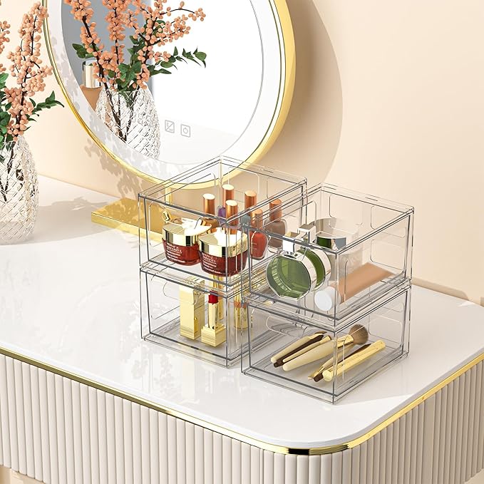 SpaceHacks 6 Pack Stackable Plastic Makeup Organizer Drawers, Acrylic Organizers, Clear Storage Bins with Pull-Out Handles for Vanity, Kitchen Cabinets, Pantry