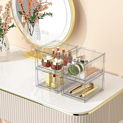 SpaceHacks 4 Pack Stackable Plastic Makeup Organizer Drawers, Acrylic Organizers, Clear Storage Bins with Pull-Out Handles for Vanity, Kitchen Cabinets, Pantry